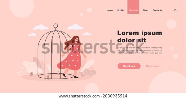 Happy woman leaving birdcage. Female cartoon coming\
out of cage, opening up flat vector illustration. Freedom, domestic\
violence, mental health concept for banner, website design or\
landing web page