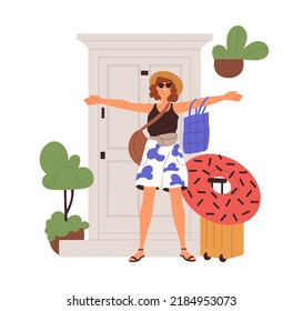 Happy woman leaving home for summer holiday travel. Excited young girl tourist standing near door with suitcases, luggage for sea vacation, trip. Flat vector illustration isolated on white background