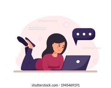 Happy woman lies with a laptop. Can be used for backgrounds, infographics, hero images.