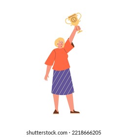 Happy woman lifting trophy cup prize, flat cartoon vector illustration isolated on white background. Getting the first place award for winning a competition concept.