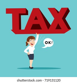 Happy woman lifts a tax sign, illustration vector cartoon