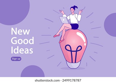 Happy woman with a light bulb. Start up investors landing page website. personal growth, professional development, increase in income. big idea concept. New creative idea vector illustration.