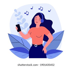 Happy woman listening music with headphones. Smartphone, note, fun flat illustration. Entertainment and digital technology concept for banner, website design or landing web page