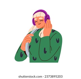 Mujer feliz escuchando música con auriculares. Chica joven sonriente, mujer moderna disfrutando de audio, canción, canción favorita, grabación de melodía, podcast. Ilustración vectorial plana aislada en fondo blanco