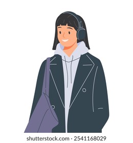 Mulher feliz ouvindo música nos fones de ouvido. Menina sorridente, mulher moderna desfrutando de áudio, música, melodia favorita, registro de melodia, podcast. Ilustração de vetor plano isolada no plano de fundo branco