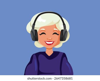 
Mulher feliz ouvindo o personagem do desenho animado Music Vetor. A pessoa está ouvindo um podcast e rindo alegremente
