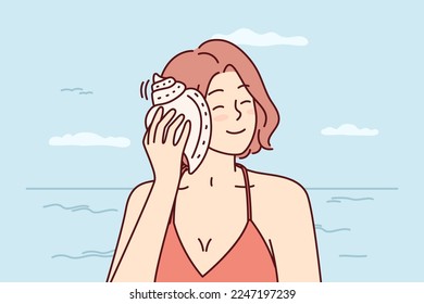 Happy woman listens to sound of sea putting shell to ear and closing eyes dreams of future. Smiling tourist girl stands on beach of sunny resort and enjoys summer vacation on ocean. Flat vector image