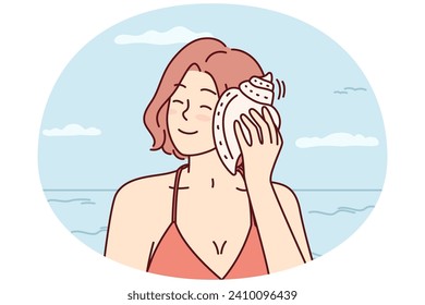 Happy woman listens to sound of sea putting shell to ear and closing eyes dreams of future. Smiling tourist girl stands on beach of sunny resort and enjoys summer vacation on ocean. Flat vector image