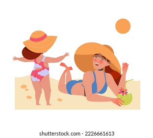 Happy Woman with Little Daughter in Straw Hat Lying on Beach Enjoying Summer Vacation and Seaside Rest Vector Illustration