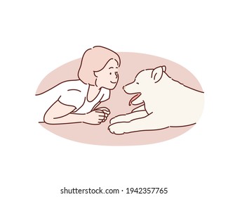 Happy Woman With Little Dog.Hand Drawn Style Vector Design Illustrations.