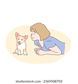 Happy woman with little Welsh Corgi Dog isolated on background, Hand drawn style illustration vector.