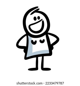 Happy woman lloking up and smile stickman figure. Vectror illustration of doodle hand drawn young girl in blue dress.