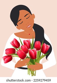 A happy woman with long black hair in a white dress holds a bouquet of red tulips in her hands on a pink vertical background. International Women's Day, Valentine's Day or Birthday. Vector.