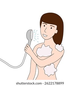 Happy woman with long brown hair taking a shower with soap suds on her body, vector