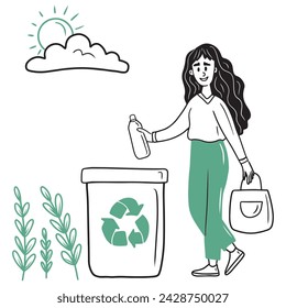 Glückliche Frau mit langen lockigen Haaren wirft Plastikflasche in spezielle Recycling-Mülleimer. Handgezeichnete Vektor-Skizze Doodle Illustration in Cartoon flachen Stil. Umweltfreundlich, Müllsortierung