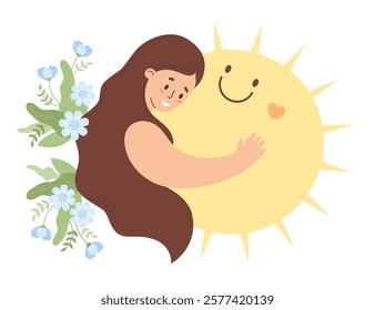 Happy woman with long hair with smiling sun and bouquets of flowers. Positive portrait female character. Vector illustration in flat style