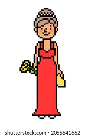 Happy woman in long red evening cocktail dress holding a bouquet of yellow flowers and clutch bag, pixel art character isolated on white. 8 bit birthday party girl. Valentine's day girlfriend.