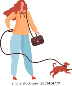 Mulher feliz com cabelo vermelho longo, vestindo um suéter laranja, calças azuis e sapatos vermelhos, alegremente caminhando com seu pequeno cachorro marrom em uma coleira enquanto curte ao ar livre