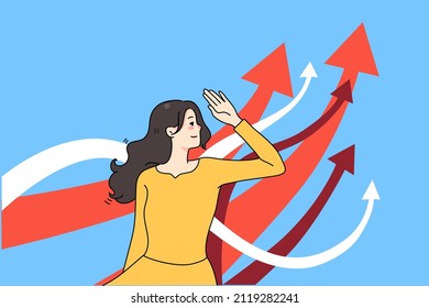 Happy woman look up in bright future dream of good career or life opportunities. Smiling girl hope for best choice or option, imagine goal achievement or accomplishment. Vector illustration. 