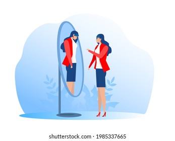  Happy woman looking at her sad crying reflection in mirror. Flat vector illustration