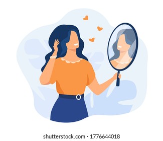 Happy woman looking at herself in mirror. Female character admiring her reflection. Can be used for ego, narcissism, self love concepts