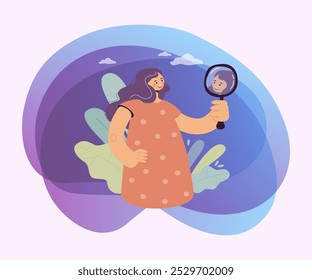 Happy woman looking at herself in mirror, smiling, admiring reflection. Vector illustration for female narcissism, overgrown ego, self love concept