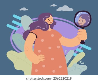 Happy woman looking at herself in mirror, smiling, admiring reflection. Vector illustration for female narcissism, overgrown ego, self love concept