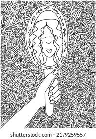 Happy woman looking in mirror coloring page illustration. Hand drawn flowered mirror and beautiful woman looking bector illustration. Coloring book for children and adults