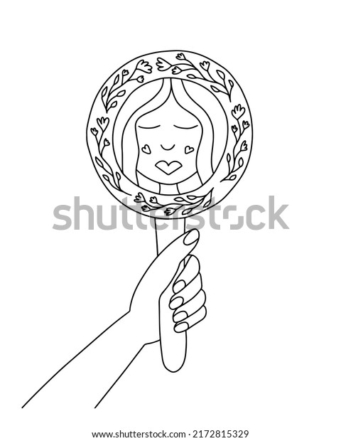 Happy Woman Looking Mirror Coloring Page Stock Vector (Royalty Free ...