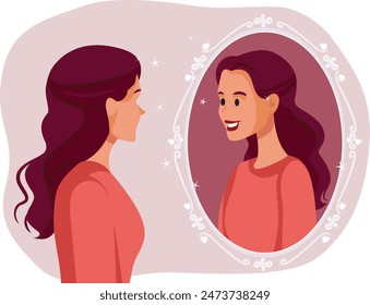 
Happy Woman Looking in the Mirror Feeling Confident Vector Cartoon. Pretty girl being self-accepting and self-loving filled with positivity
