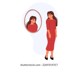 Happy woman looking in mirror, trying on red dress. Flat vector illustration