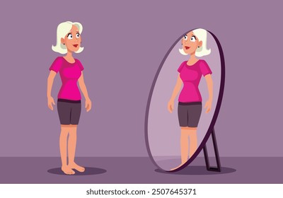 
Happy Woman Looking in the Mirror Vector Cartoon Illustration. Self-confident lady feeling body positive 
