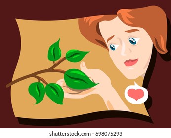 Happy woman looking at plants with love. Serenity, peace, mindfulness concept illustration vector.
