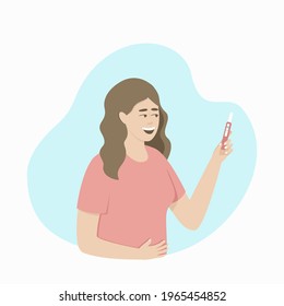 Happy woman looking at positive pregnancy test result. Good news for a woman expecting a baby. Flat vector illustration.