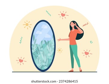 Happy woman looking at reflection in mirror vector illustration. Mirror reflecting inner peace as serene nature landscape with plants. Introspection, wellness, self-awareness concept