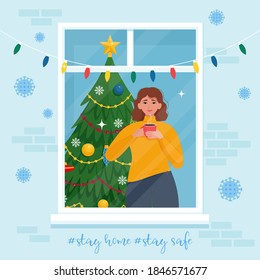 Happy woman looking from window and drink coffee at Christmas holiday. Social isolation during pandemic, stay home concept. Vector illustration in flat style