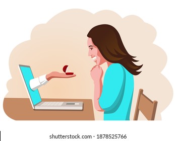 happy woman looks at a wedding ring, lies on her hand from the laptop screen - vector illustration makes a marriage proposal to marry via the Internet in quarantine - Wedding or Engagement Ring close