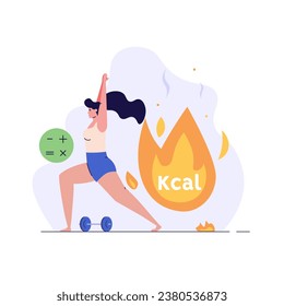 Happy woman losing weight with diet plan. Concept of calories count, diet app for nutrition and dieting, weight loss calculator. Girl burning fat with meal plan. Vector illustration in flat