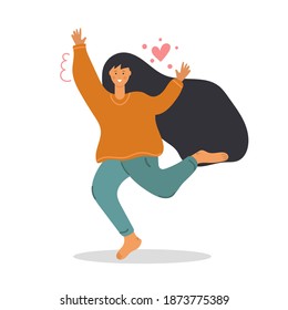 Happy woman in love, dancing, smiling, waving her hand. Flat illustration.