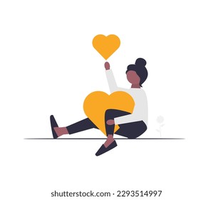 Happy woman with love heart flat vector illustration isolated on white background