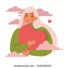 Happy woman in love holding giant heart. Human holding big red heart in hands as symbol of love. 14 February romantic holiday Valentine Day poster, greeting card. Vector illustration isolated on white