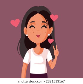 
Happy Woman in Love Showing Peace Sign Vector Cartoon Illustration. Cheerful lovely girl feeling affection and positivity 
