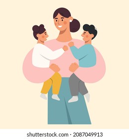 Happy woman with lovely kids. Young mother holding her beloved children in her arms. Son and daughter hug their mom. Love and care for loved ones. Happy Mother's Day. Flat vector illustration.