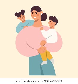 Happy woman with lovely kids. Young mother holding her beloved children in her arms. Son and daughter hug their mom. Love and care for loved ones. Happy Mother's Day. Flat vector illustration.