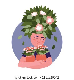 A la mujer feliz le encantan las flores de casa y abraza las ollas. La planta de la casa de kalanchoe y gardenia para los diseños de los días de la mujer, pegatinas de primavera, tiendas.  Ilustración del vector 