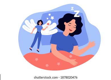 Happy woman lucid dreaming in REM sleep state isolated flat vector illustration. Cartoon character having supernatural experience when soul left body. Physiological condition and dream concept