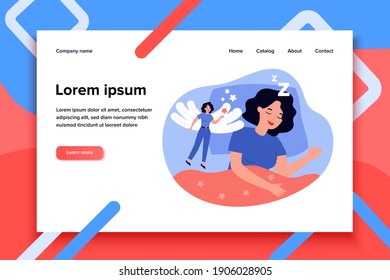 Happy woman lucid dreaming in REM sleep state isolated flat vector illustration. Cartoon character having supernatural experience when soul left body. Physiological condition and dream concept