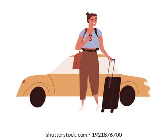 Happy Woman With Luggage Arrived At Airport By Taxi Car. Female Tourist With Suitcase And Mobile Phone Before Summer Holiday Trip. Flat Vector Illustration Of Traveler Isolated On White Background