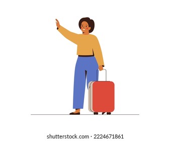 Happy woman with luggage waves her hand to someone. Female person rolls the suitcase in airport and meeting a friend. Girl going to travel on summer holiday. Vector illustration
