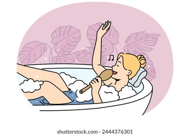 Happy woman lying in bathtub relaxing singing with brush. Smiling girl rest in bath with bubbles enjoy spa day at home. Hygiene and wellness. Vector illustration.